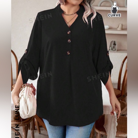 SHEIN LUNE ROLL TAB SLEEVE BLOUSE BLACK SHEIN CURVE SIZE 14 1XL 1X TUNIC TOP - Picture 4 of 6